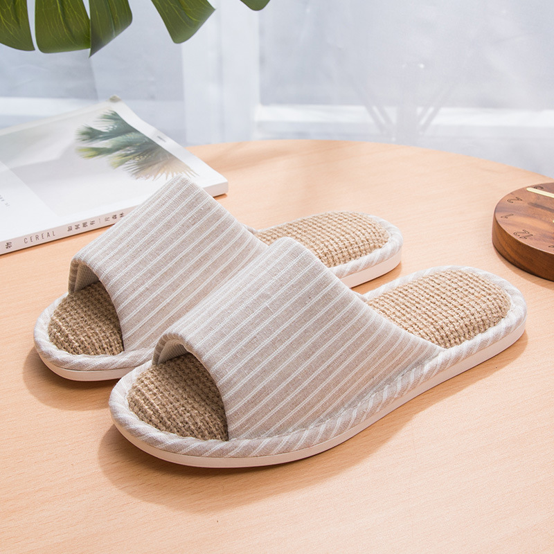 Men's Open Toe Linen Slippers With Stripe Pattern