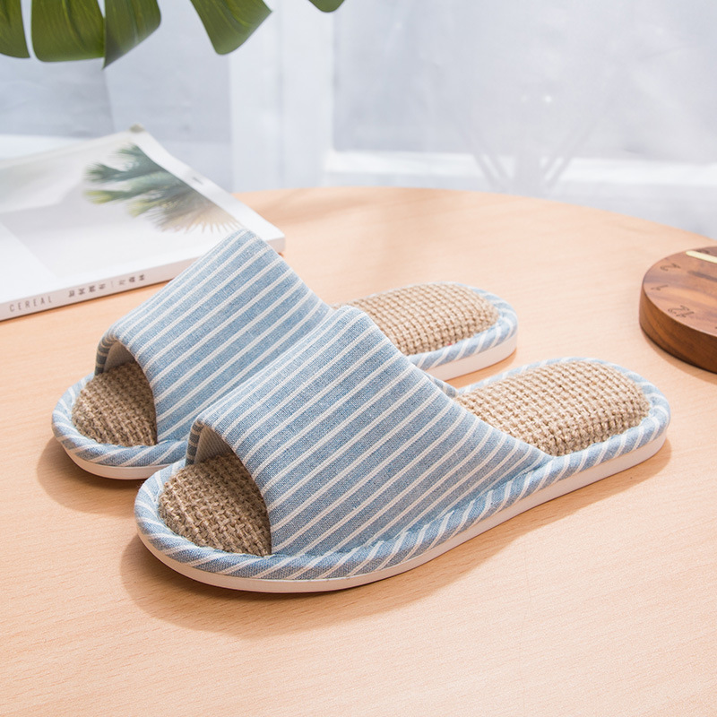 Women's Open Toe Linen Slippers With Stripe Pattern