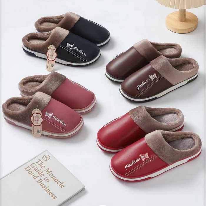 PU Women's Warm Slippers With Logo Embroidery