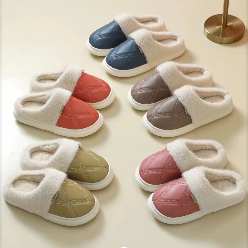 PU Women's Warm Slippers With Sewing Line