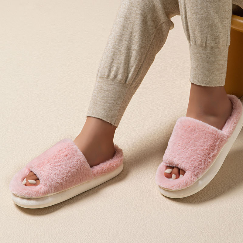 Women's Open Toe Slippers With Plush In Pure Color