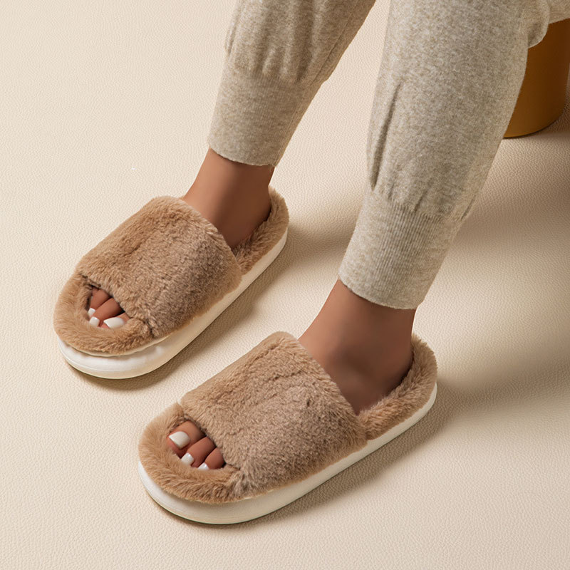 Women's Open Toe Slippers With Plush In Pure Color