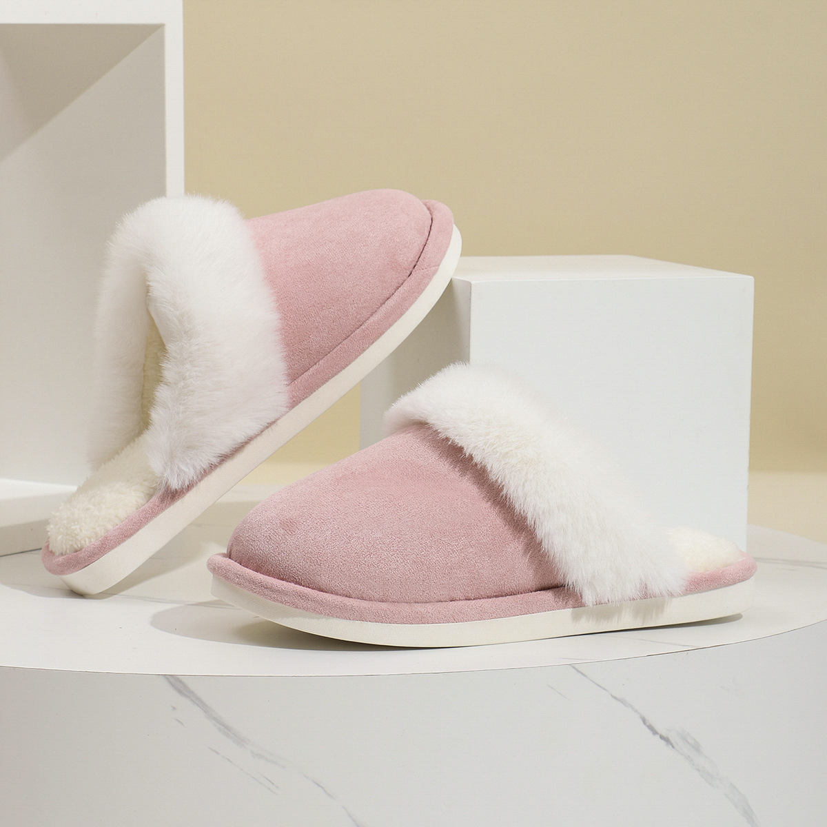 Suede Upper Women's Warm Slippers With Plush Collar
