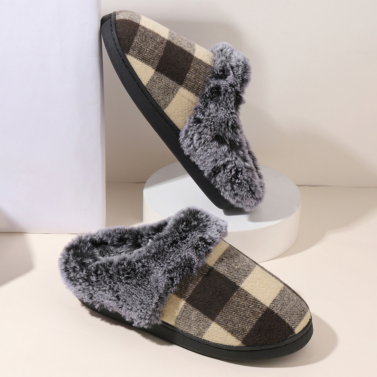 Retro Winter Men's Slippers With Plush Collar
