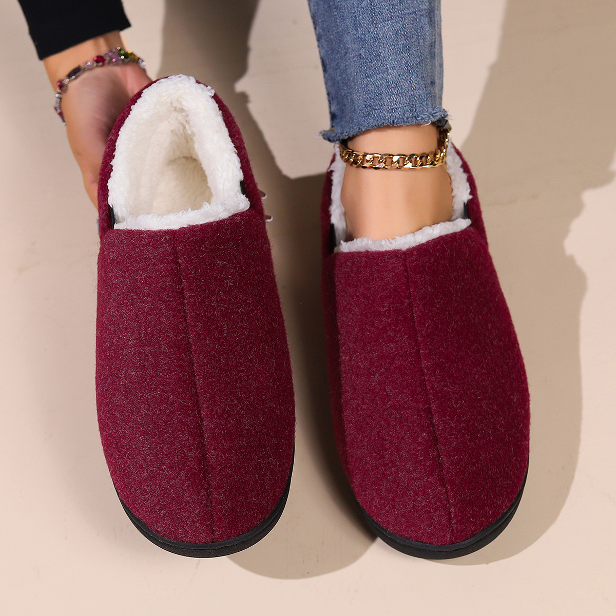 Winter Ladies Fashion Woolen Slides Indoor Boots Slippers