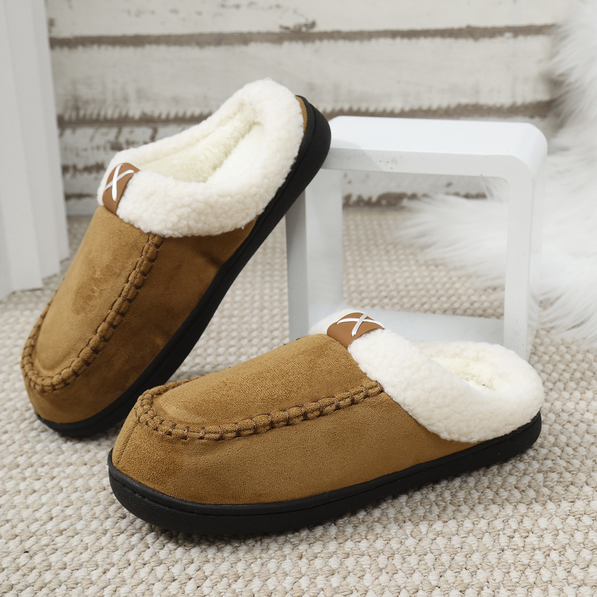 Men's Warm Slippers Moccasins Shoes Design With Plush Collar