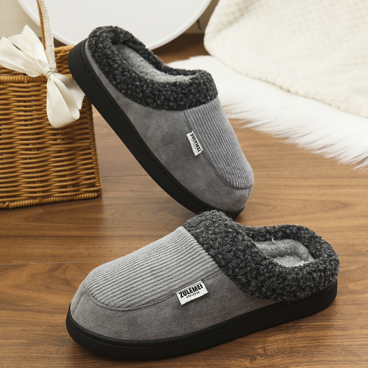 Men's Winter Warm Slipper Shoes With Plush Collar In Pure Color