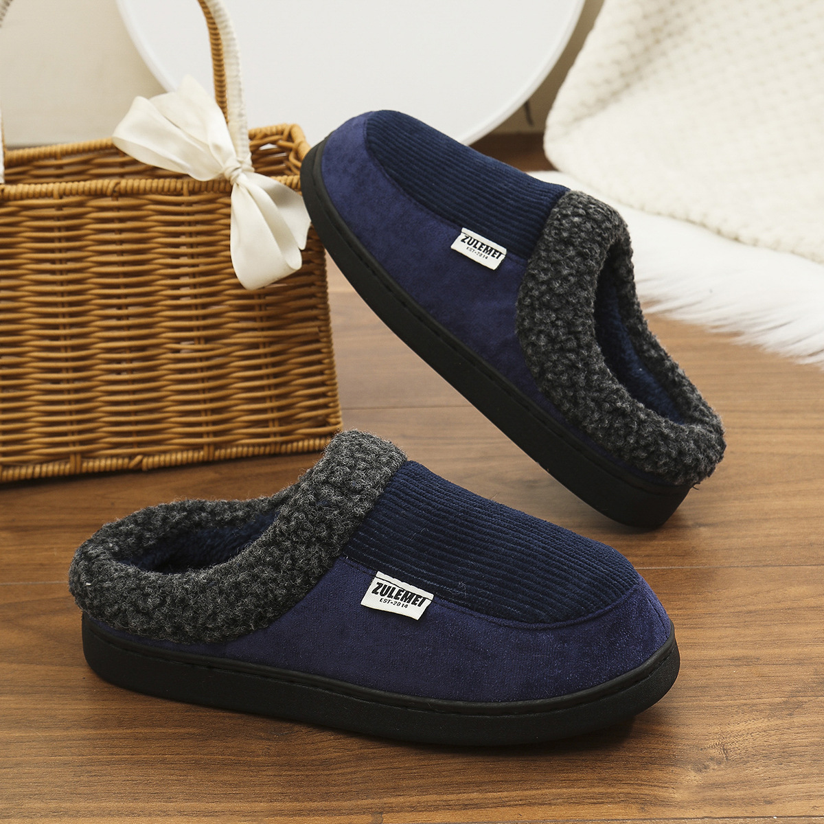 Men's Winter Warm Slipper Shoes With Plush Collar In Pure Color