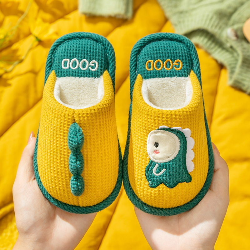 Children's Waffle Fabric Indoor Slippers With Dinosaur Design