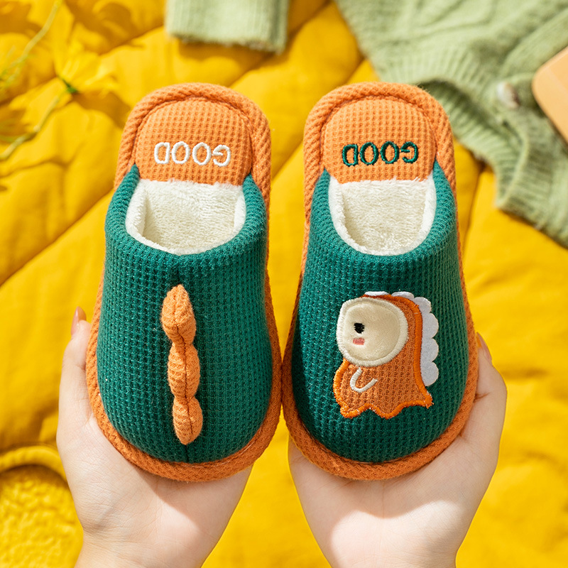 Children's Waffle Fabric Indoor Slippers With Dinosaur Design