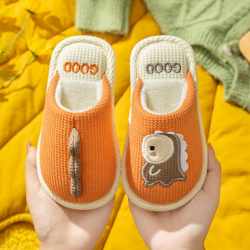 Children's Waffle Fabric Indoor Slippers With Dinosaur Design