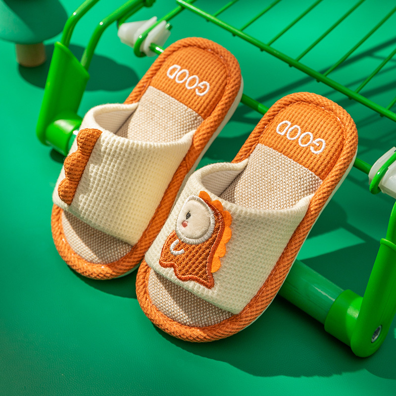 Waffle Fabric ​Children's Open Toe Slippers With Dinosaur Design