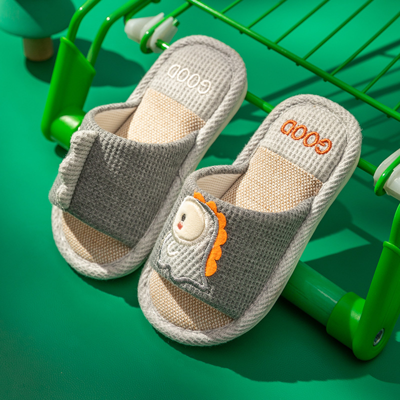 Waffle Fabric Children's Open Toe Slippers With Dinosaur Design