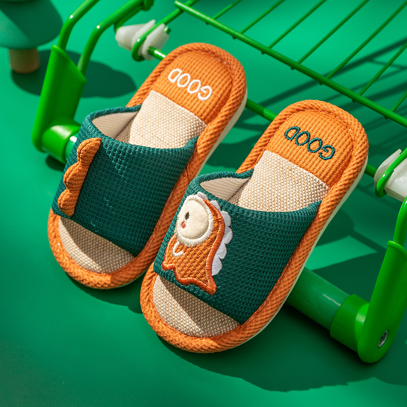 Waffle Fabric Children's Open Toe Slippers With Dinosaur Design