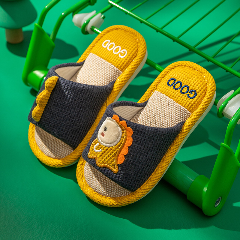 Waffle Fabric Children's Open Toe Slippers With Dinosaur Design