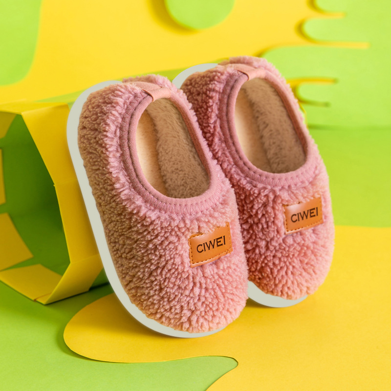 Children's Warm Slippers Home Shoes With Leather Lable In Pure Color