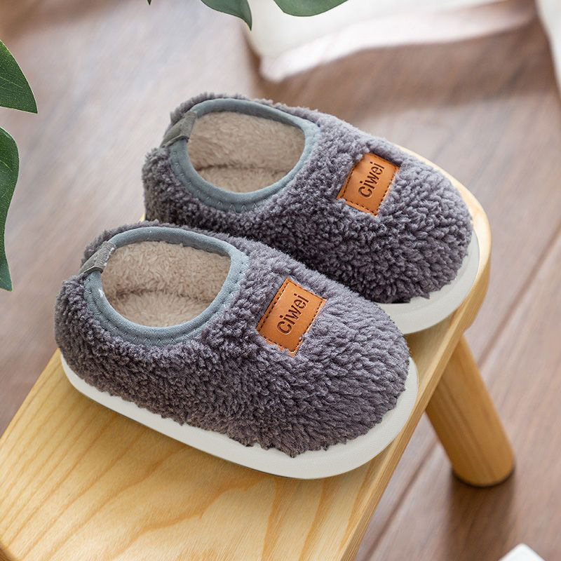 Children's Warm Slippers Home Shoes With Leather Lable In Pure Color