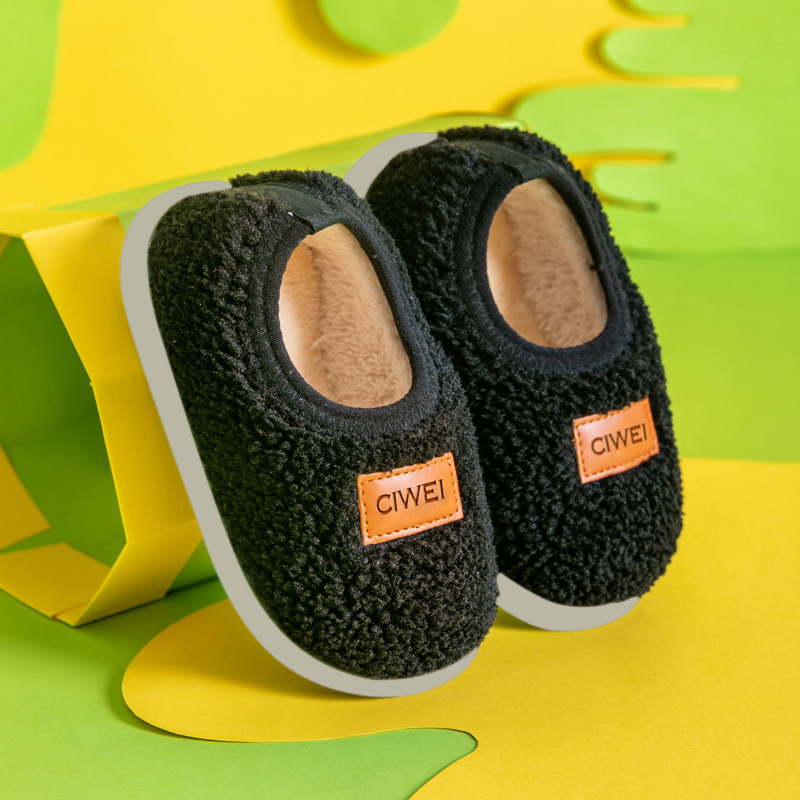 Children's Warm Slippers Home Shoes With Leather Lable In Pure Color
