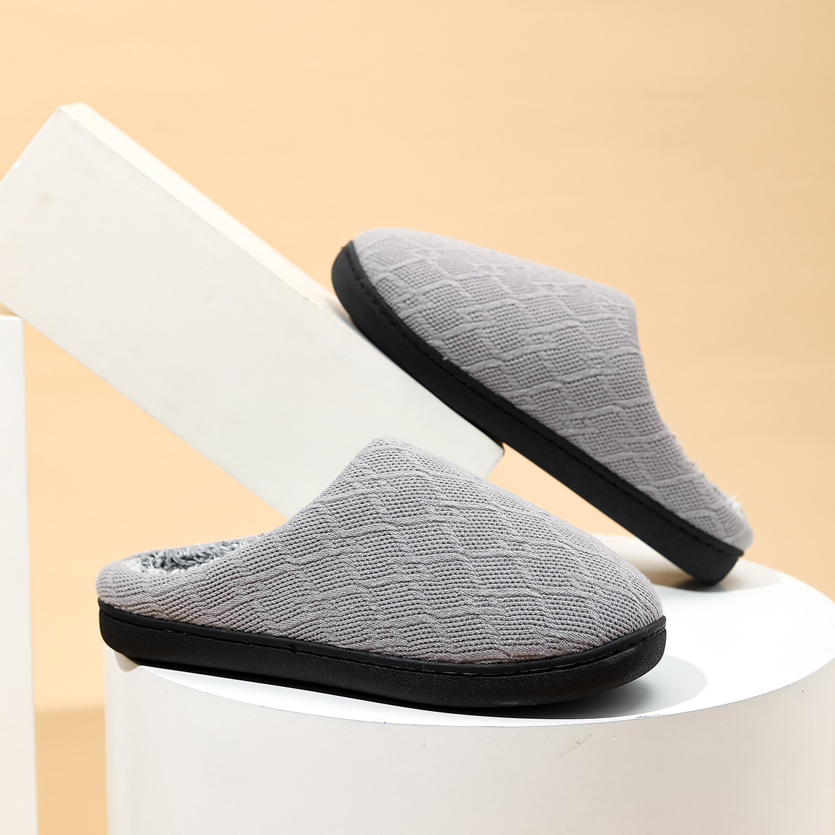 Men's Warm Slipper With Knitted Upper Plush Inside