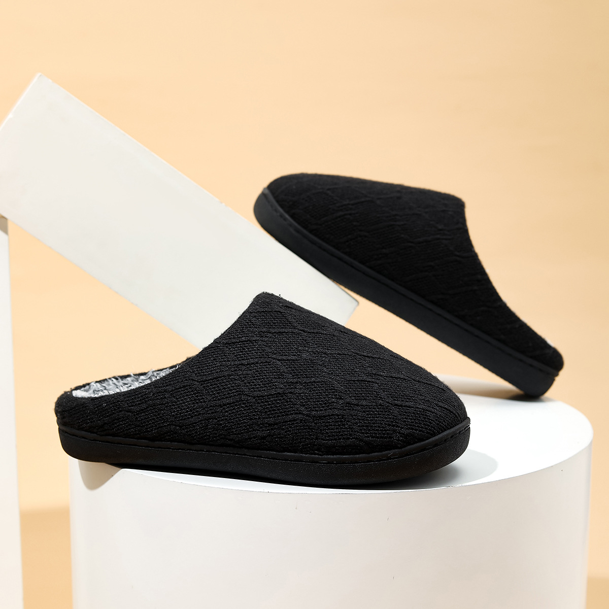 Men's Warm Slipper With Knitted Upper Plush Inside