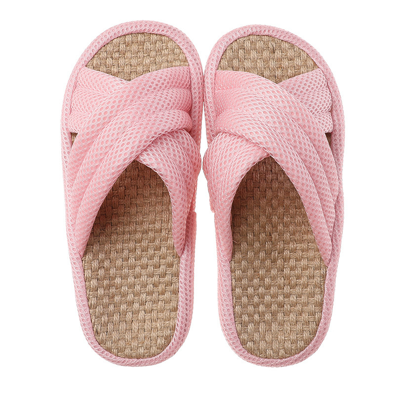 Women's Quiet Indoor Linen Slippers Cross Upper Japanese Design In Macaroon Color