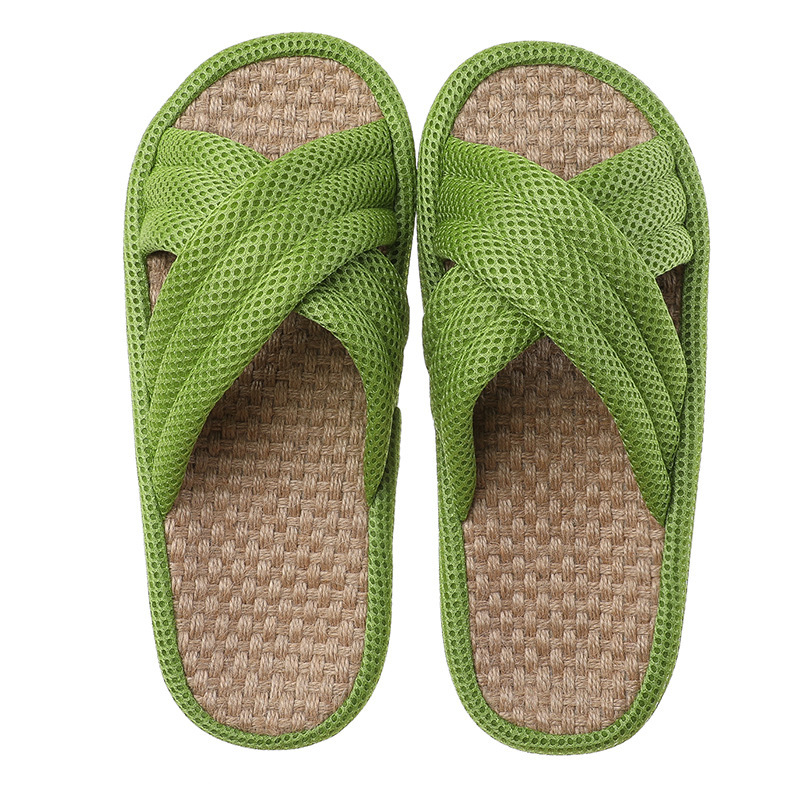 Women's Quiet Indoor Linen Slippers Cross Upper Japanese Design In Macaroon Color