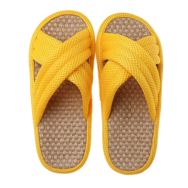 Women's Quiet Indoor Linen Slippers Cross Upper Japanese Design In Macaroon Color