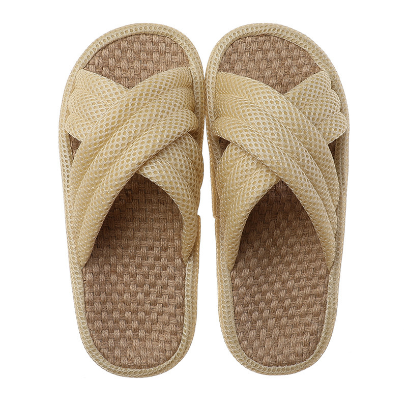 Men's Quiet Indoor Linen Slippers Cross Upper Japanese Design In Macaroon Color