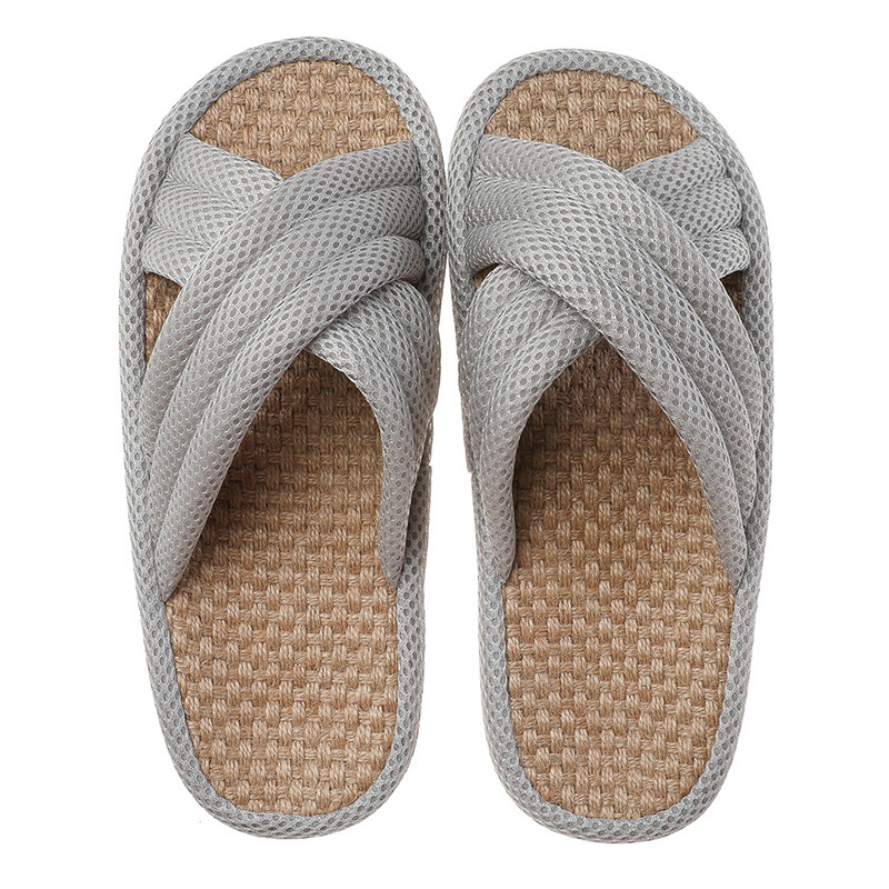 Men's Quiet Indoor Linen Slippers Cross Upper Japanese Design In Macaroon Color