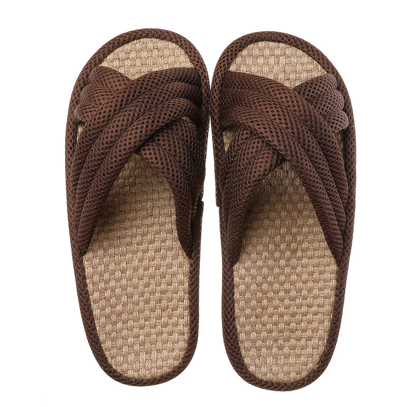 Men's Quiet Indoor Linen Slippers Cross Upper Japanese Design In Macaroon Color