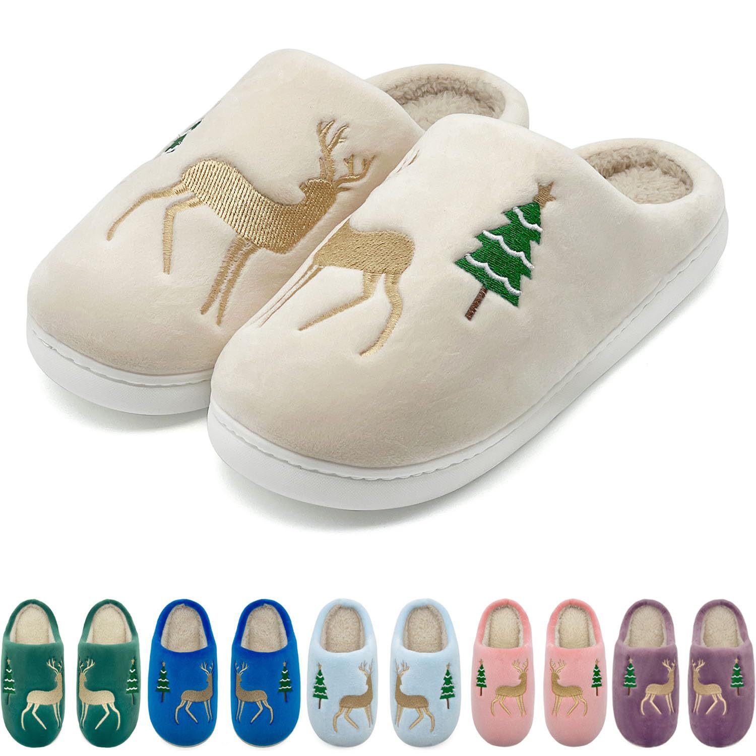 Christmas Plush Warm Slippers In Pure Color With Deer Embroidery