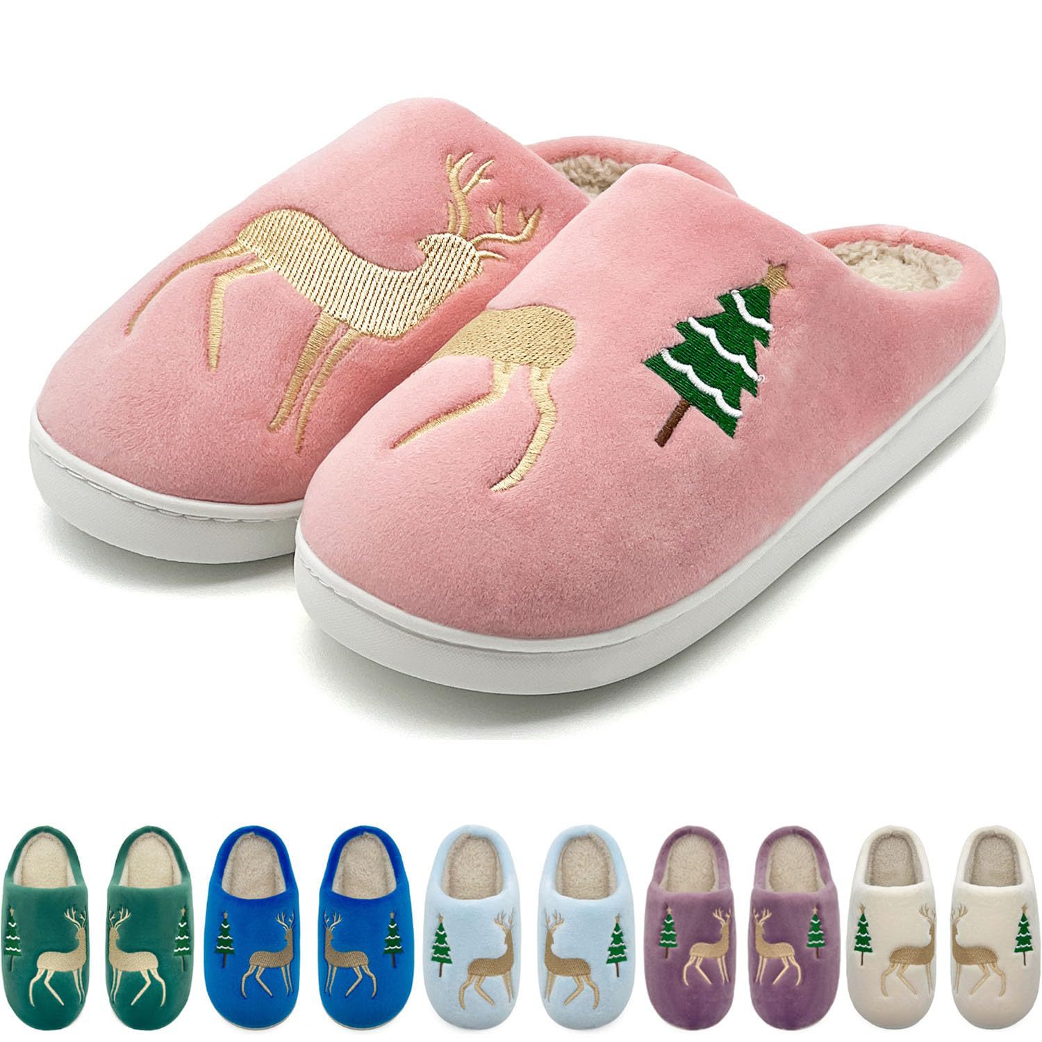 Christmas Plush Warm Slippers In Pure Color With Deer Embroidery