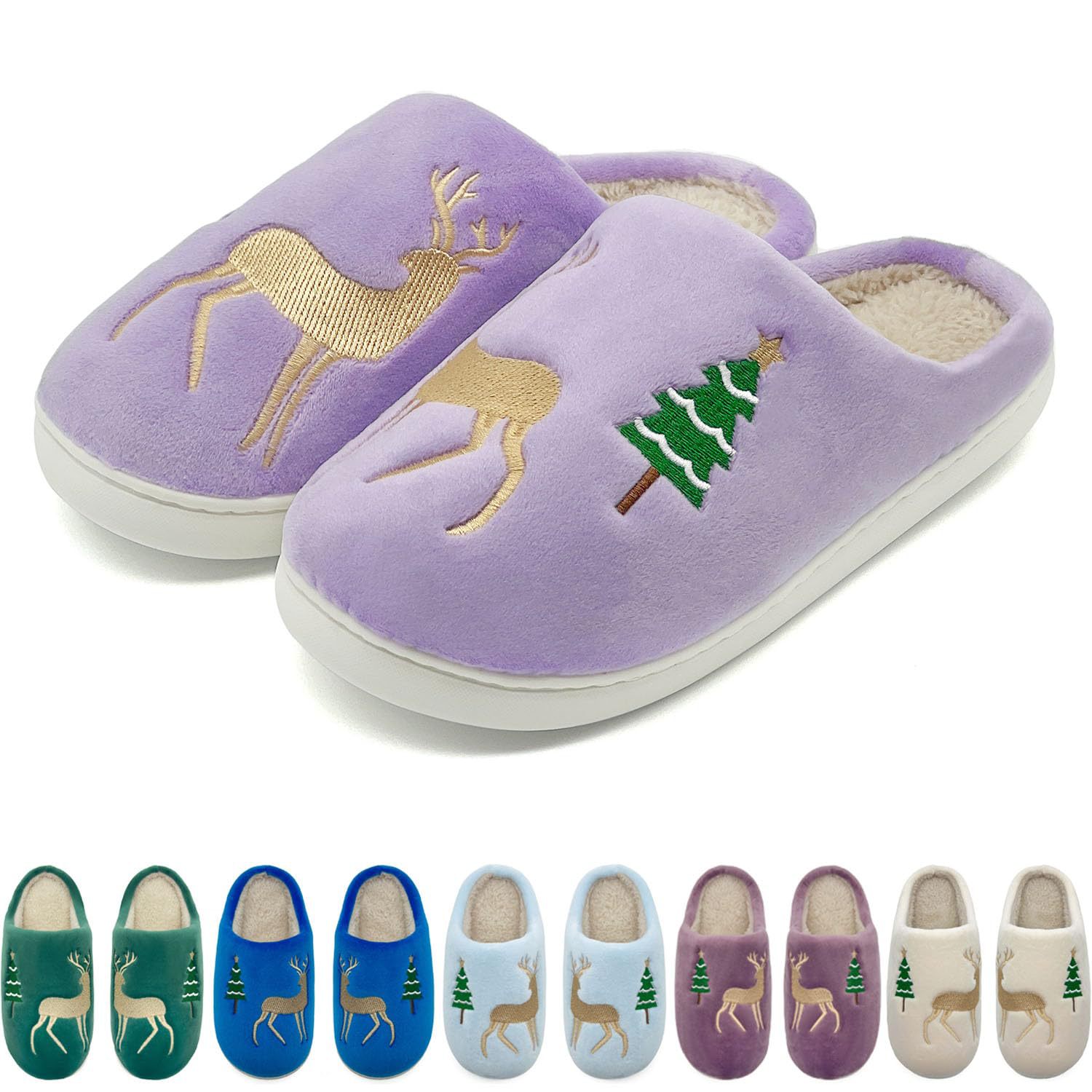 Christmas Plush Warm Slippers In Pure Color With Deer Embroidery