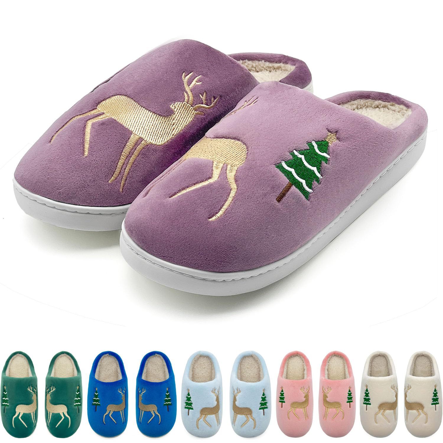 Christmas Plush Warm Slippers In Pure Color With Deer Embroidery