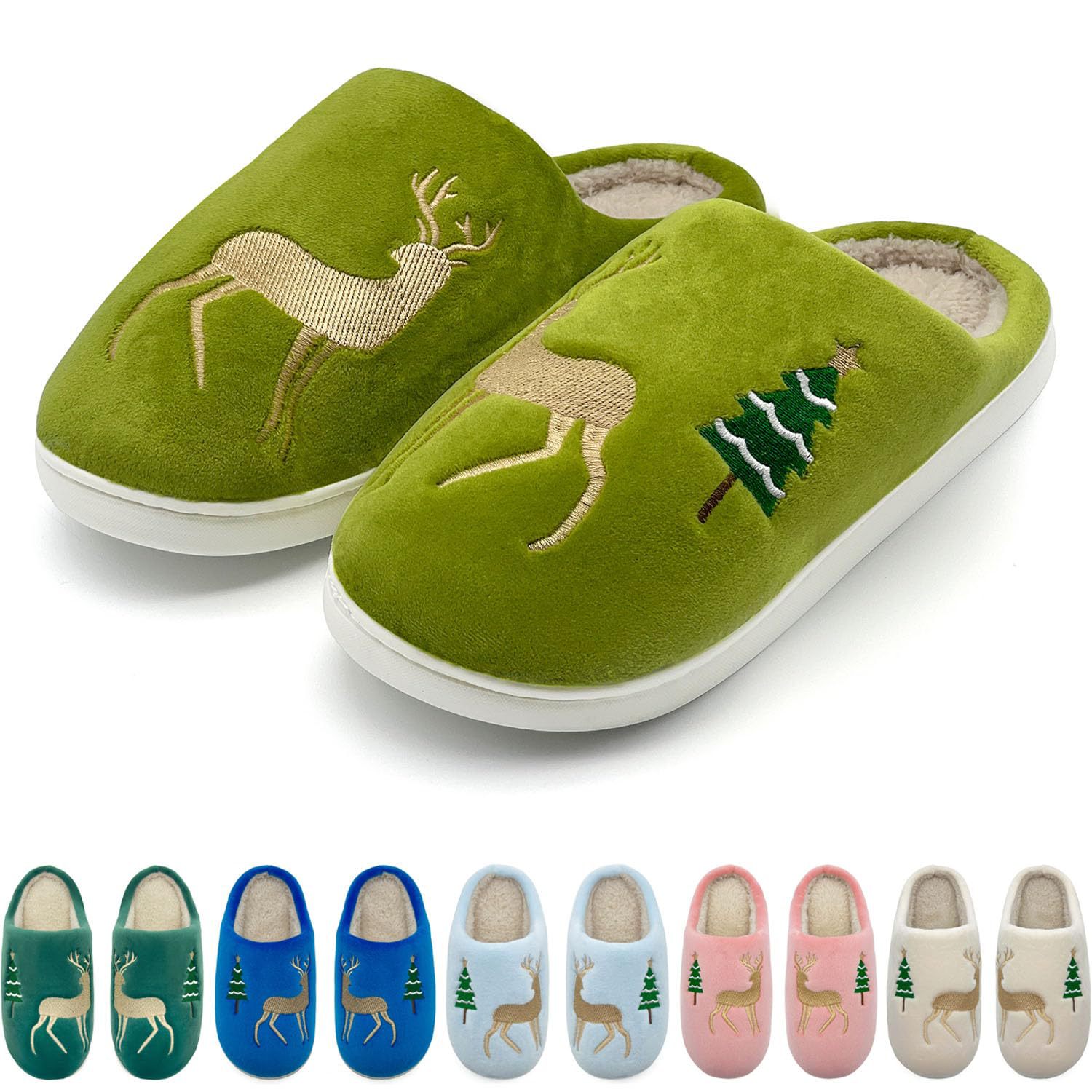 Christmas Plush Warm Slippers In Pure Color With Deer Embroidery
