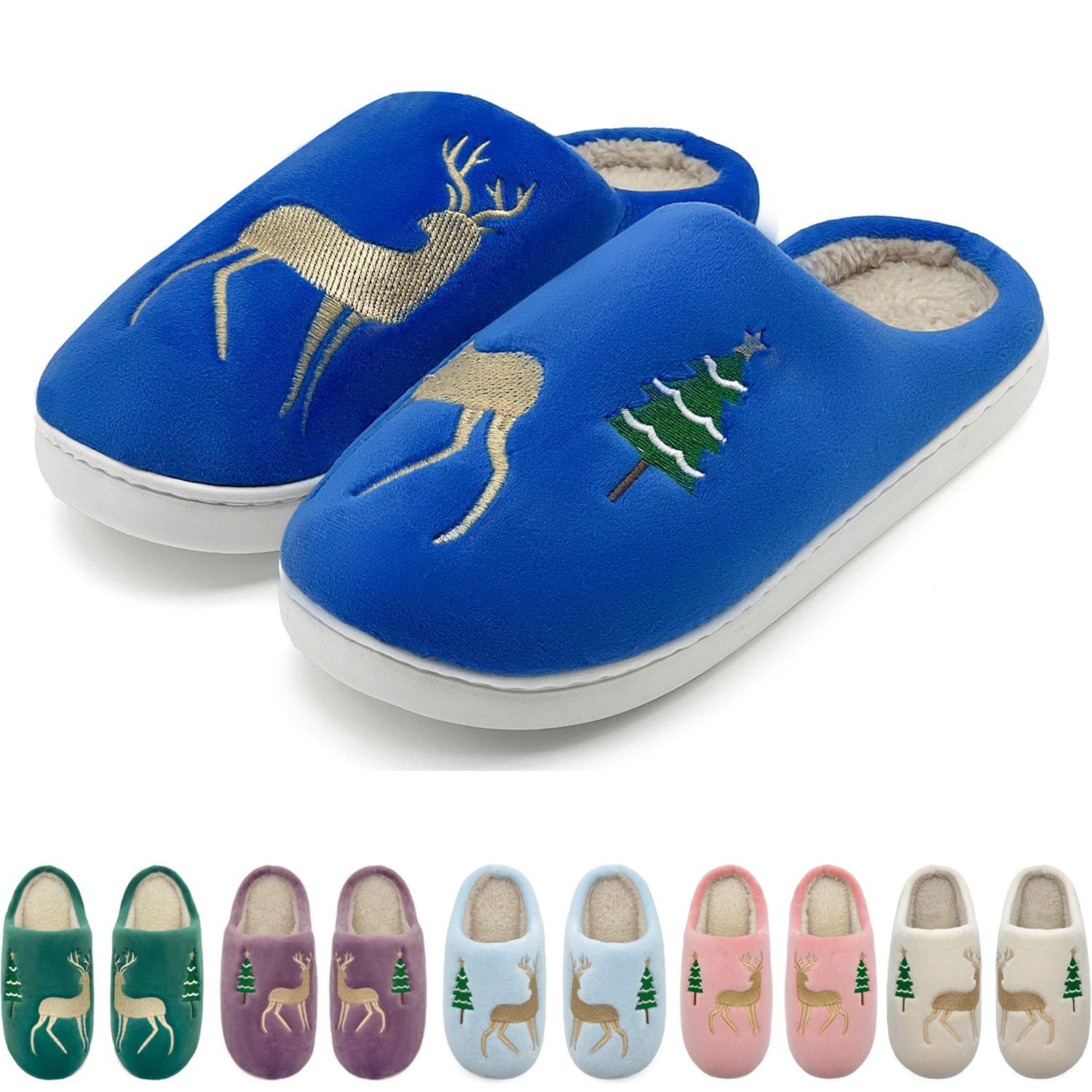 Christmas Plush Warm Slippers In Pure Color With Deer Embroidery