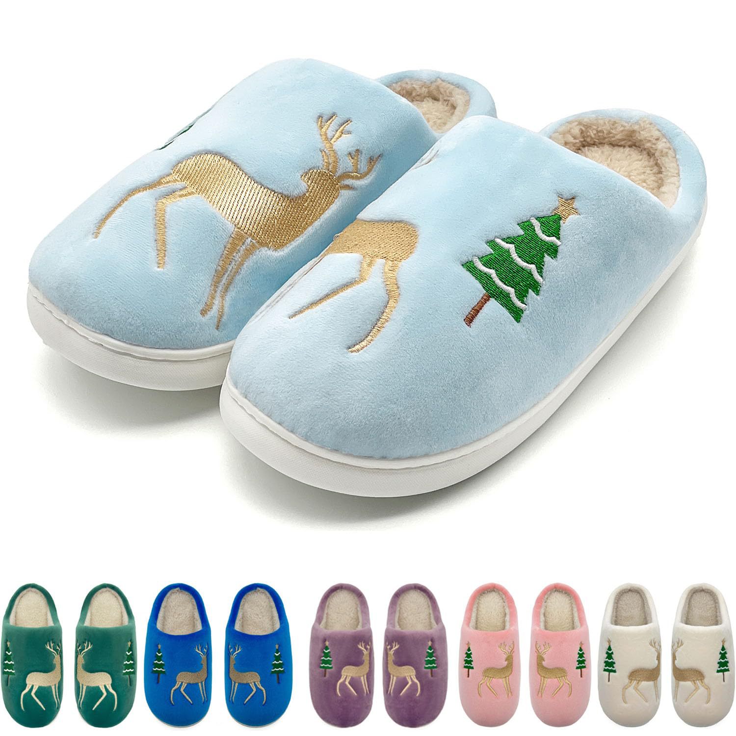 Christmas Plush Warm Slippers In Pure Color With Deer Embroidery