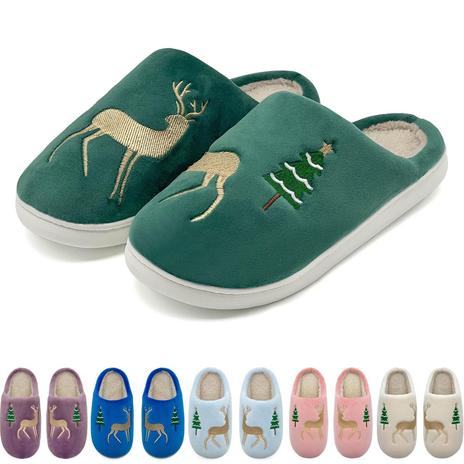 Christmas Plush Warm Slippers In Pure Color With Deer Embroidery