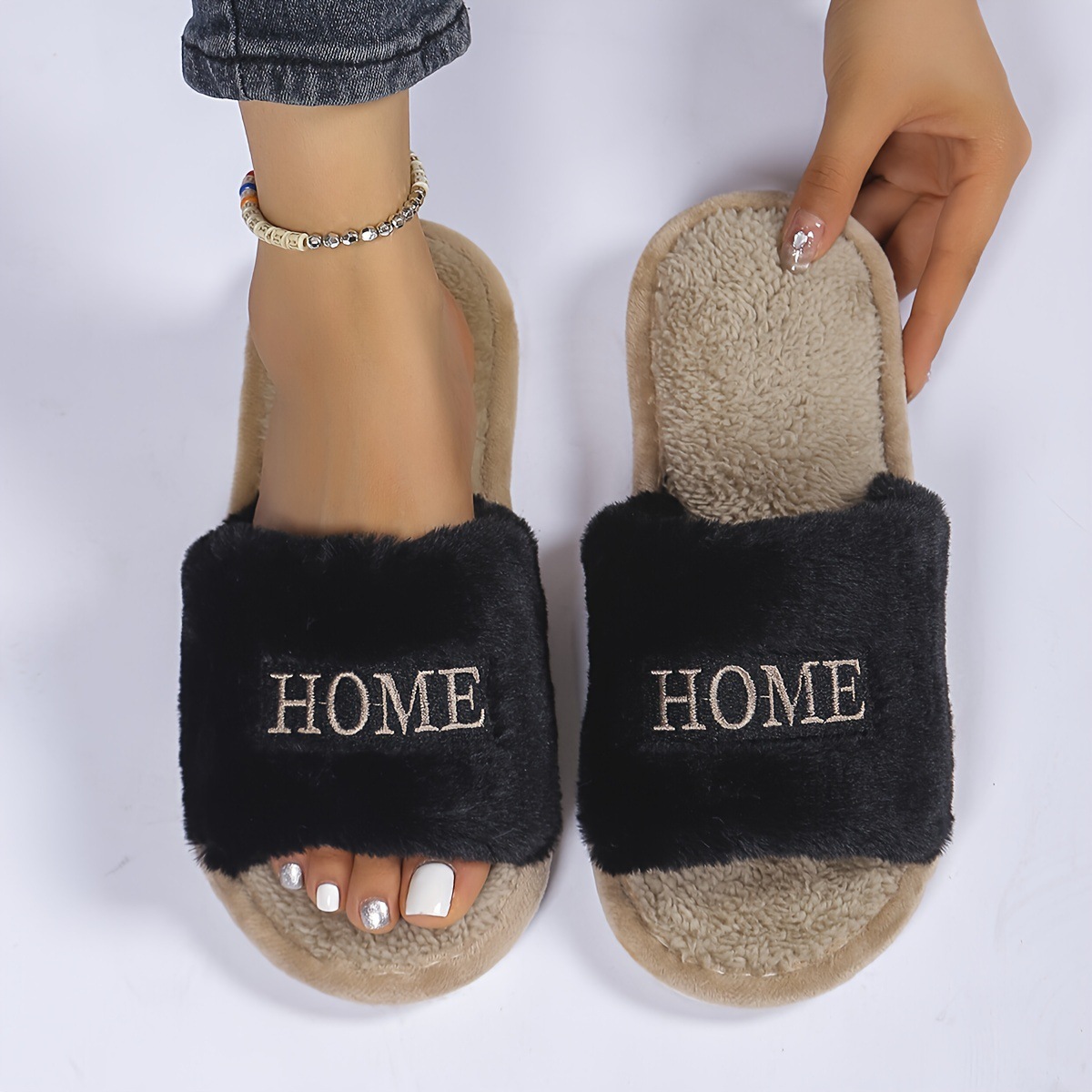 Cozy Soft Women's Open Toe Slipper With Plush Upper HOME Logo