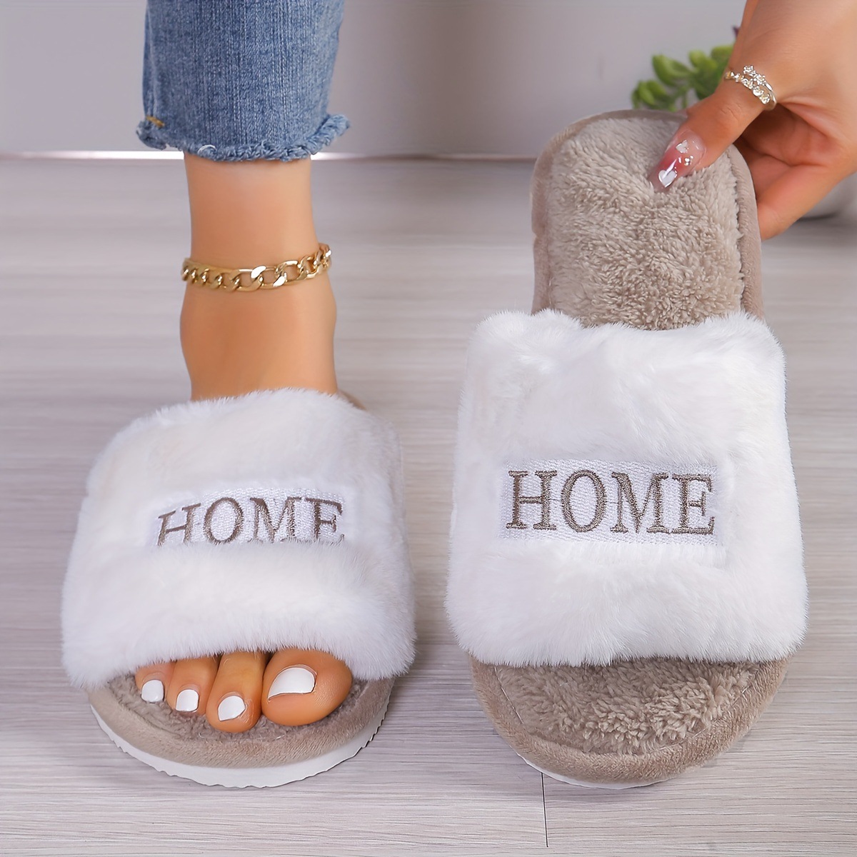Cozy Soft Women's Open Toe Slipper With Plush Upper HOME Logo