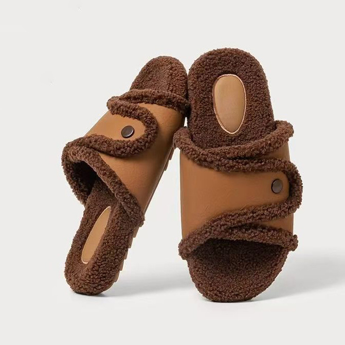 Fashion Women's Open Toe Slippers With PU Fur Upper Plush Edge