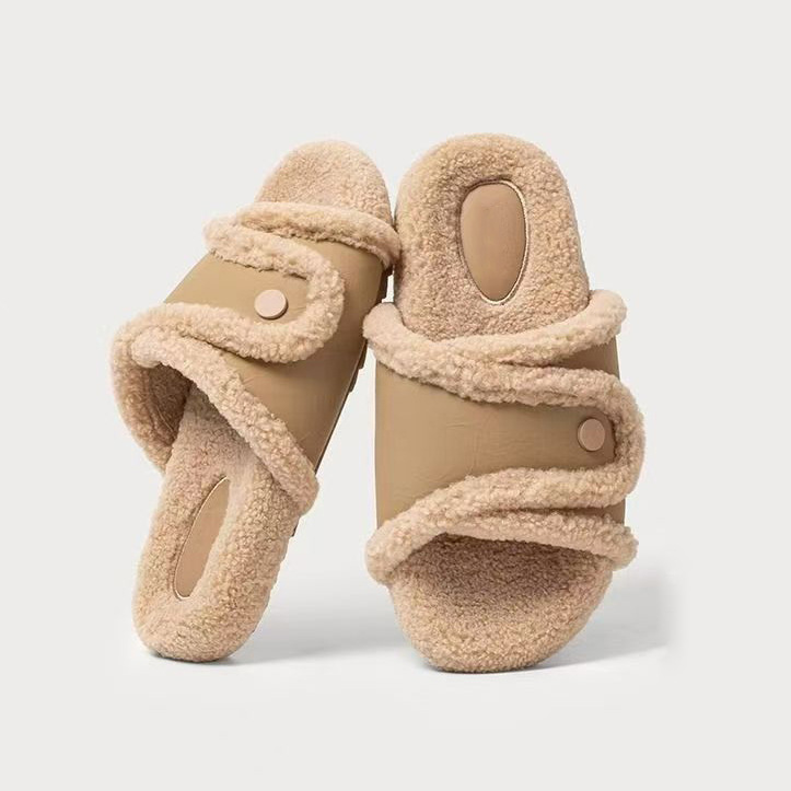 Fashion Women's Open Toe Slippers With PU Fur Upper Plush Edge