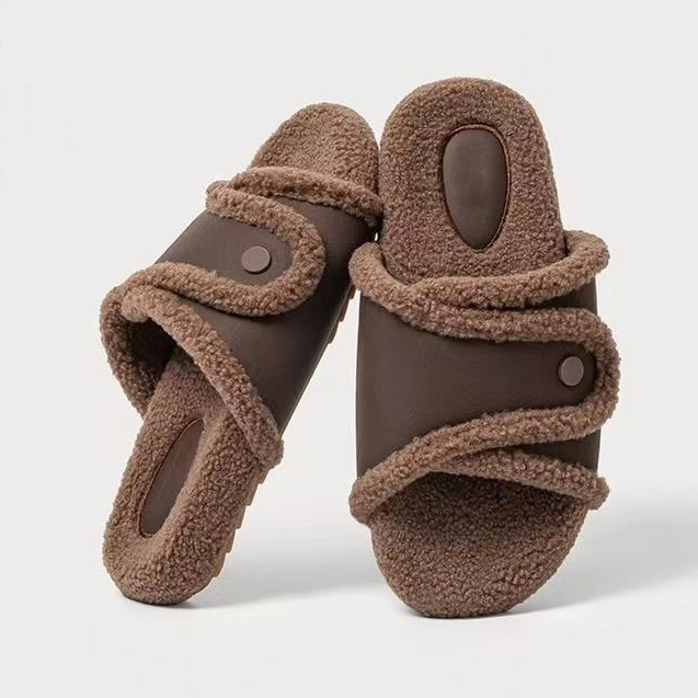 Fashion Men's Open Toe Slippers With PU Fur Upper Plush Edge