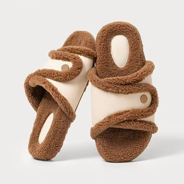 Fashion Men's Open Toe Slippers With PU Fur Upper Plush Edge