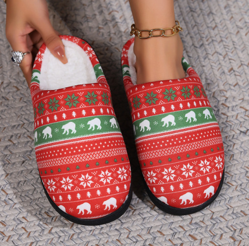 Christmas Warm Slippers With Xmas Elements Printed Upper Plush Inside
