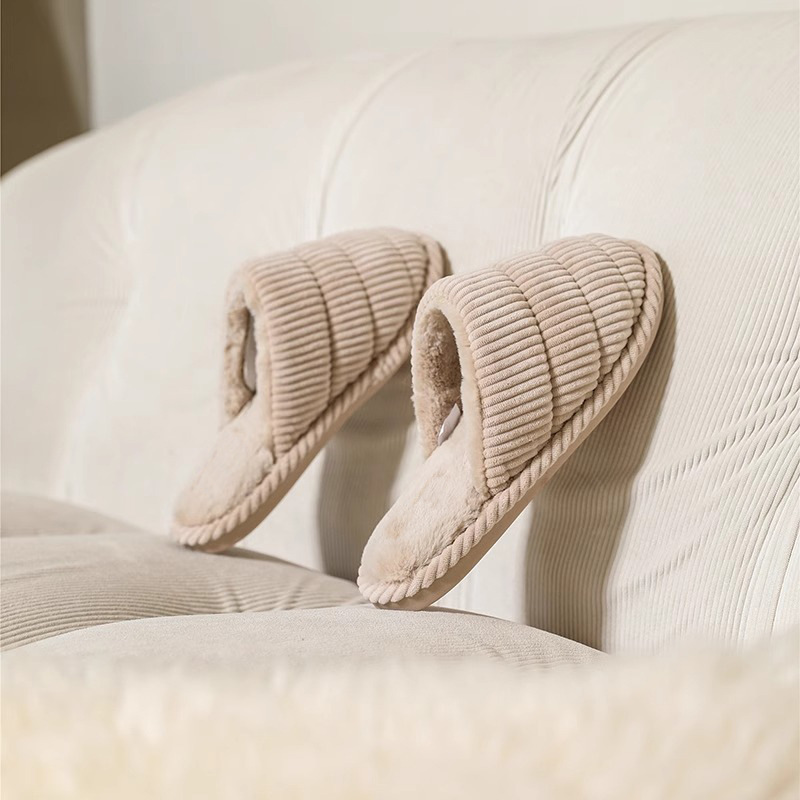 Women's Warm Slippers Corduroy Upper In Pure Color Plush Inside
