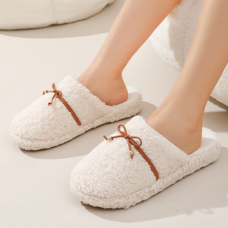 Women's Warm Slippers Plush Upper In Pure Color With Fur Bow Decoration