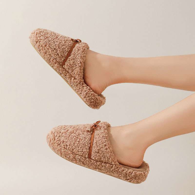 Women's Warm Slippers Plush Upper In Pure Color With Fur Bow Decoration