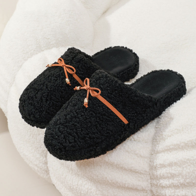 Women's Warm Slippers Plush Upper In Pure Color With Fur Bow Decoration