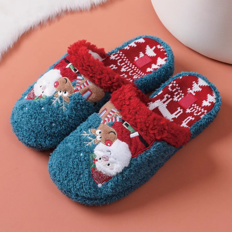 Christmas Warm Slippers With Xmas Elements Embroidery Plush Upper